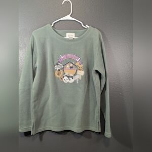Vintage green fleece sweatshirt with an embroidered Noah's Ark design